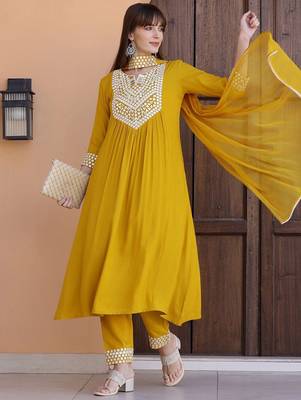 embroidered notch neck mirror work with kurta with trousers & dupatta 1