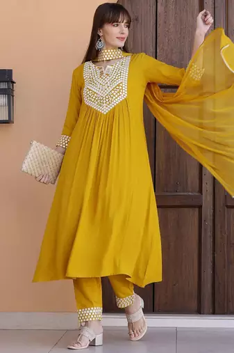 embroidered notch neck mirror work with kurta with trousers & dupatta