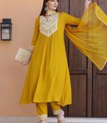 embroidered notch neck mirror work with kurta with trousers & dupatta