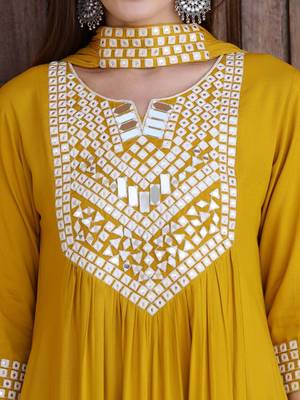 embroidered notch neck mirror work with kurta with trousers & dupatta 2
