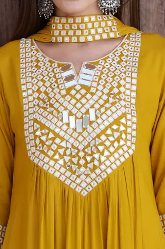 embroidered notch neck mirror work with kurta with trousers & dupatta
