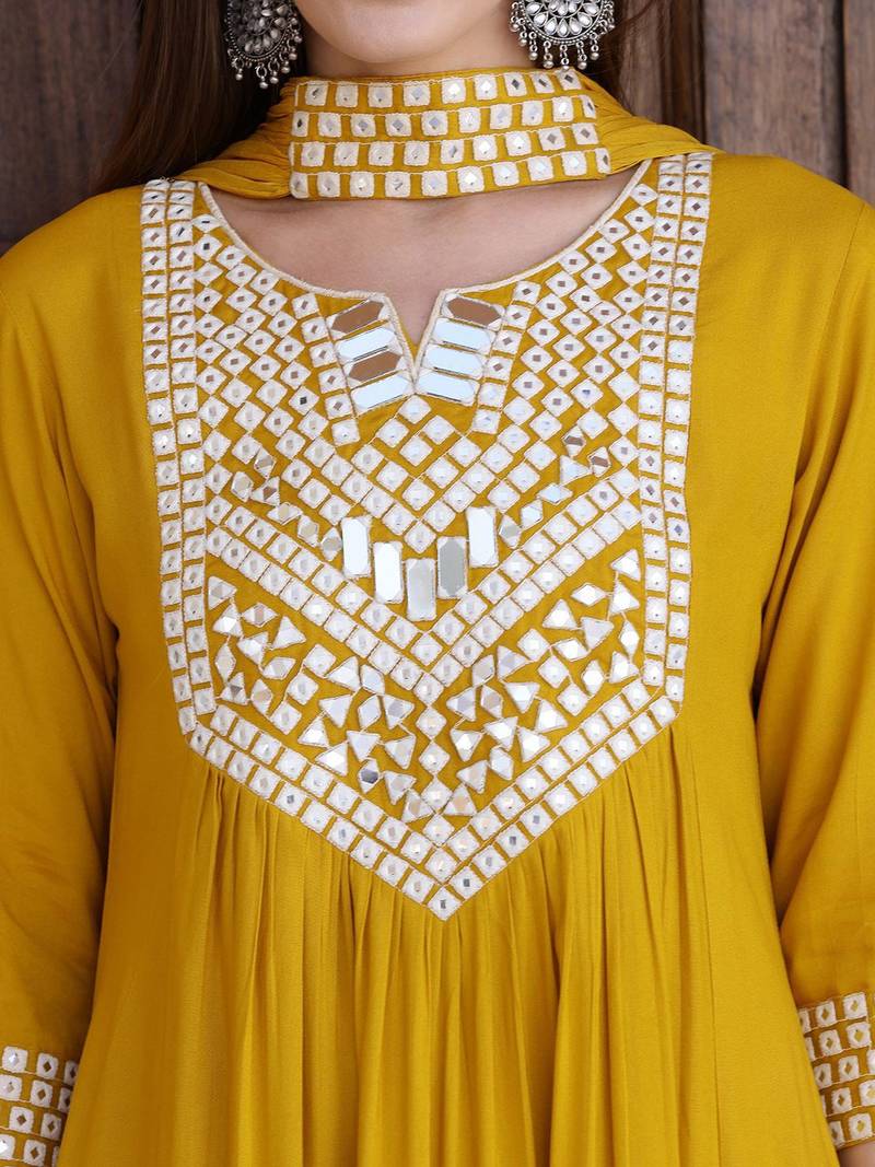 embroidered notch neck mirror work with kurta with trousers & dupatta