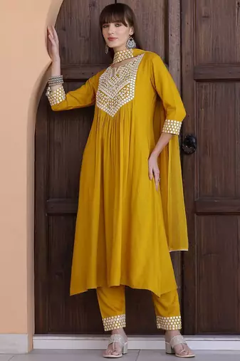 embroidered notch neck mirror work with kurta with trousers & dupatta