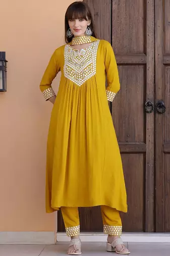embroidered notch neck mirror work with kurta with trousers & dupatta