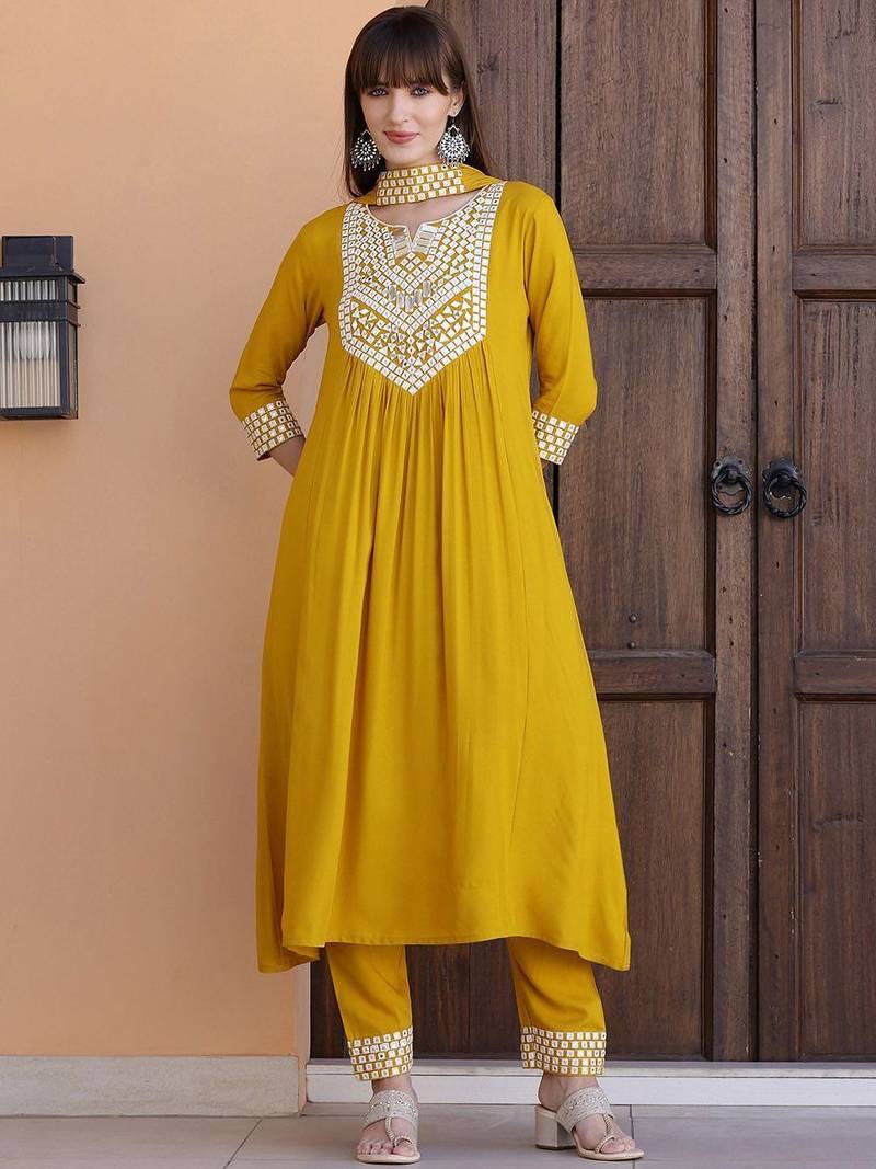 embroidered notch neck mirror work with kurta with trousers & dupatta