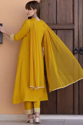 embroidered notch neck mirror work with kurta with trousers & dupatta