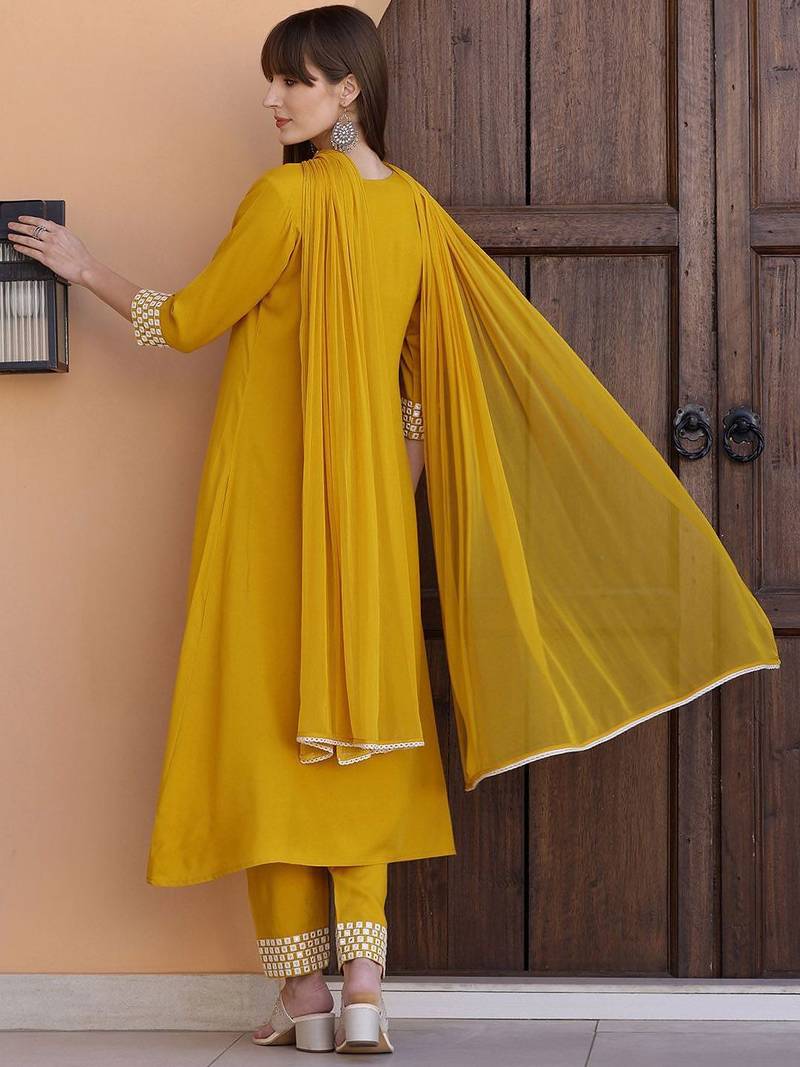 embroidered notch neck mirror work with kurta with trousers & dupatta