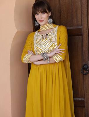 embroidered notch neck mirror work with kurta with trousers & dupatta 6