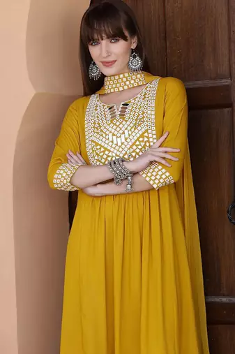 embroidered notch neck mirror work with kurta with trousers & dupatta