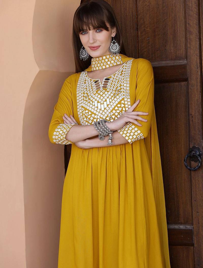 embroidered notch neck mirror work with kurta with trousers & dupatta