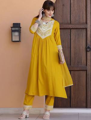 embroidered notch neck mirror work with kurta with trousers & dupatta 7