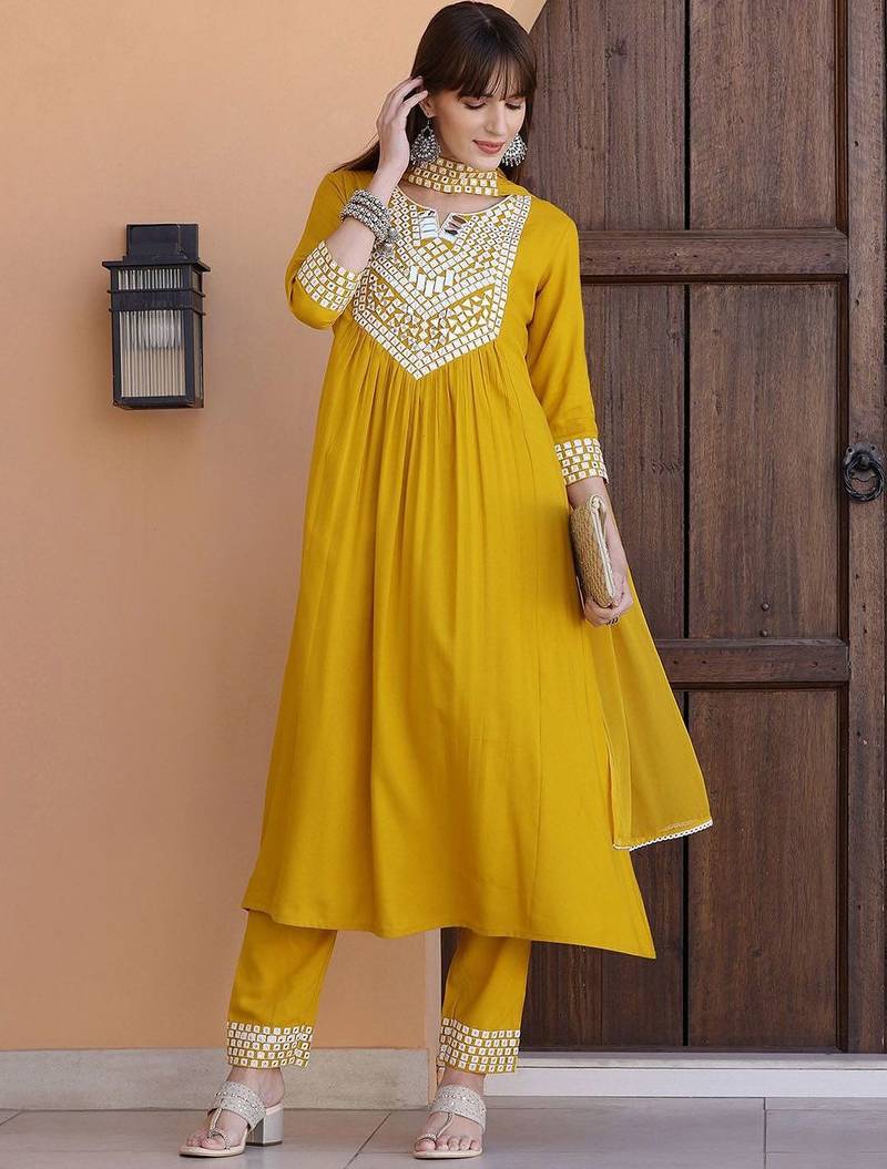 embroidered notch neck mirror work with kurta with trousers & dupatta