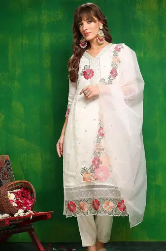 women embroidered thread work chanderi silk kurta with trousers & dupatta