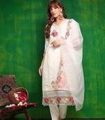 women embroidered thread work chanderi silk kurta with trousers & dupatta