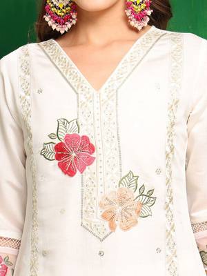women embroidered thread work chanderi silk kurta with trousers & dupatta 2