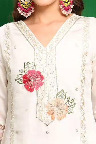 women embroidered thread work chanderi silk kurta with trousers & dupatta