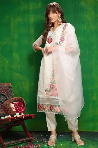 women embroidered thread work chanderi silk kurta with trousers & dupatta