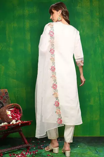 women embroidered thread work chanderi silk kurta with trousers & dupatta
