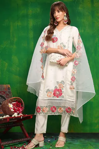 women embroidered thread work chanderi silk kurta with trousers & dupatta