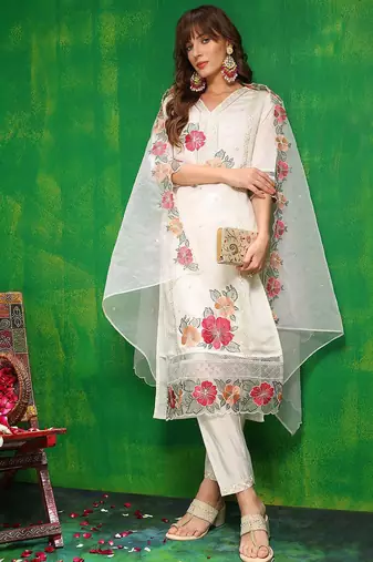 women embroidered thread work chanderi silk kurta with trousers & dupatta