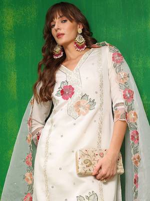 women embroidered thread work chanderi silk kurta with trousers & dupatta 7