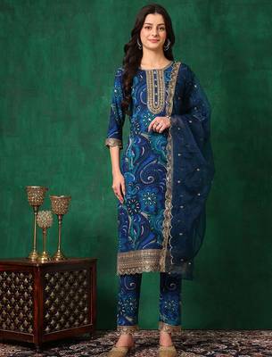 women floral embroidered kurta with trousers & dupatta 1