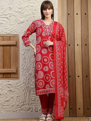women bandhani embroidered regular thread work  cotton kurta with trousers & with dupatta 1