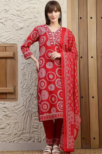 women bandhani embroidered regular thread work  cotton kurta with trousers & with dupatta