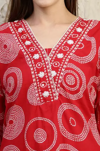 women bandhani embroidered regular thread work  cotton kurta with trousers & with dupatta