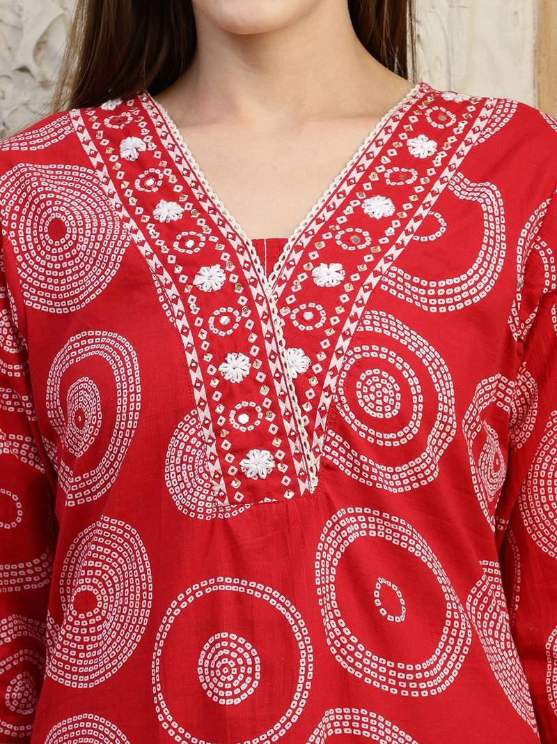 women bandhani embroidered regular thread work  cotton kurta with trousers & with dupatta