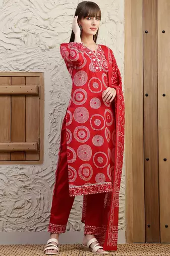 women bandhani embroidered regular thread work  cotton kurta with trousers & with dupatta