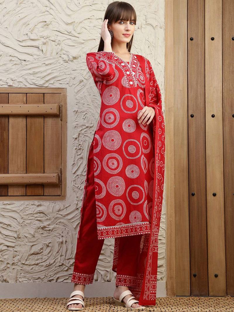women bandhani embroidered regular thread work  cotton kurta with trousers & with dupatta
