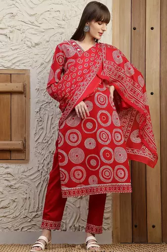 women bandhani embroidered regular thread work  cotton kurta with trousers & with dupatta