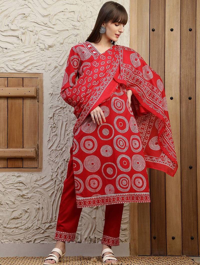 women bandhani embroidered regular thread work  cotton kurta with trousers & with dupatta