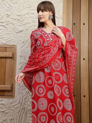 women bandhani embroidered regular thread work  cotton kurta with trousers & with dupatta 7
