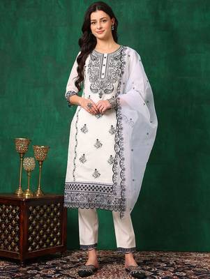 embroidered thread work chanderi cotton straight kurta & trousers & dupatta 1