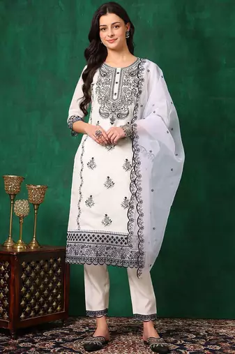 embroidered thread work chanderi cotton straight kurta & trousers & dupatta