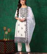 embroidered thread work chanderi cotton straight kurta & trousers & dupatta