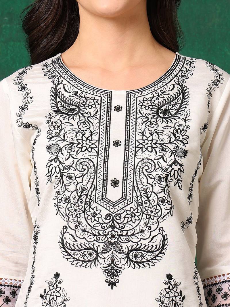 embroidered thread work chanderi cotton straight kurta & trousers & dupatta
