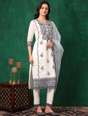 embroidered thread work chanderi cotton straight kurta & trousers & dupatta 3
