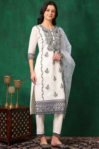 embroidered thread work chanderi cotton straight kurta & trousers & dupatta