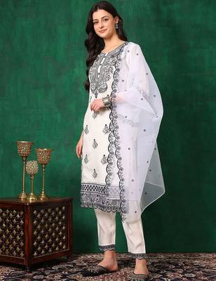 embroidered thread work chanderi cotton straight kurta & trousers & dupatta 4