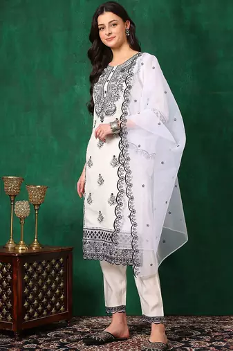 embroidered thread work chanderi cotton straight kurta & trousers & dupatta