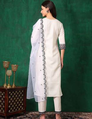 embroidered thread work chanderi cotton straight kurta & trousers & dupatta 5