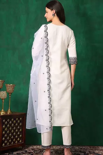 embroidered thread work chanderi cotton straight kurta & trousers & dupatta