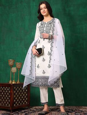 embroidered thread work chanderi cotton straight kurta & trousers & dupatta 6
