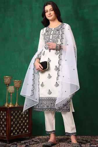 embroidered thread work chanderi cotton straight kurta & trousers & dupatta