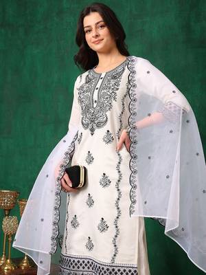 embroidered thread work chanderi cotton straight kurta & trousers & dupatta 7