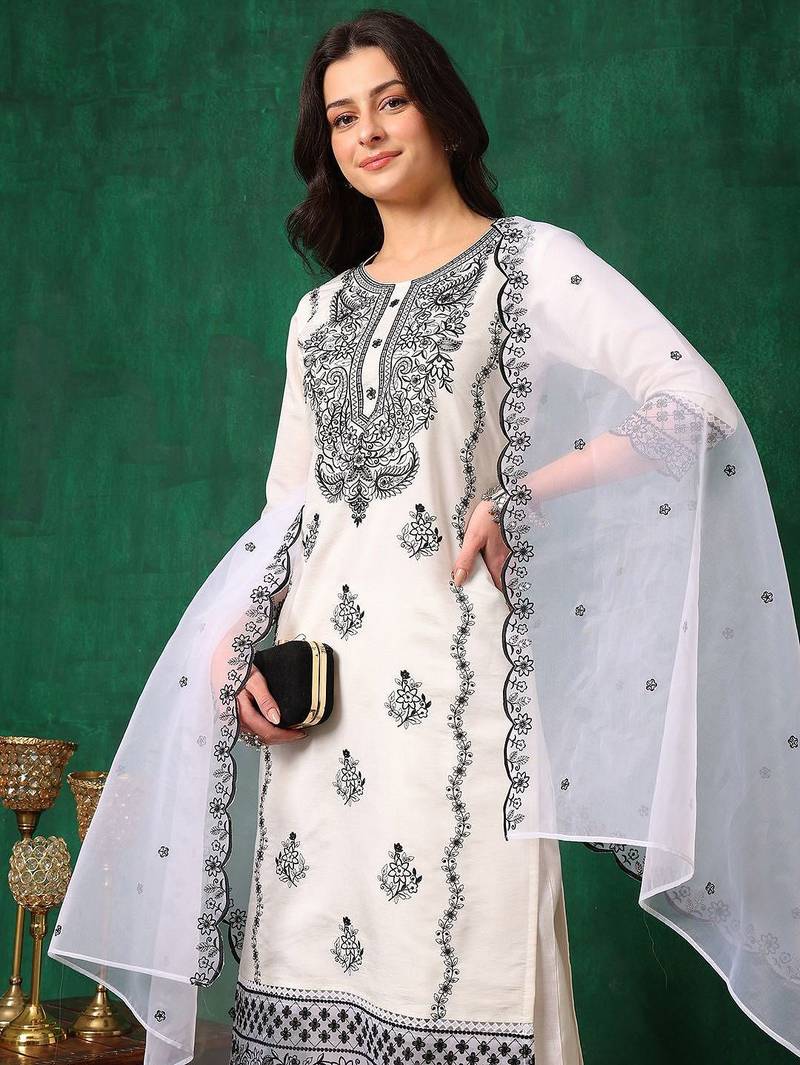 embroidered thread work chanderi cotton straight kurta & trousers & dupatta