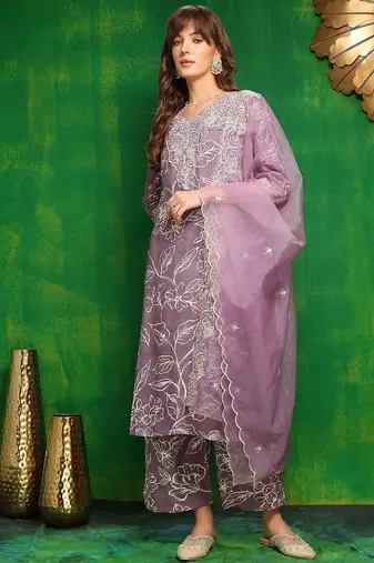 women ethnic motifs embroidered regular kantha work kurta with palazzos & with dupatta